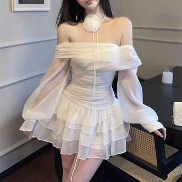 MQTIME  -  French Style Off Shoulder Lantern Sleeve Dress Women Slim Fit Waist A-Line Ruffled Cake Dress Prom Floral Tie Up Bustier Dresses